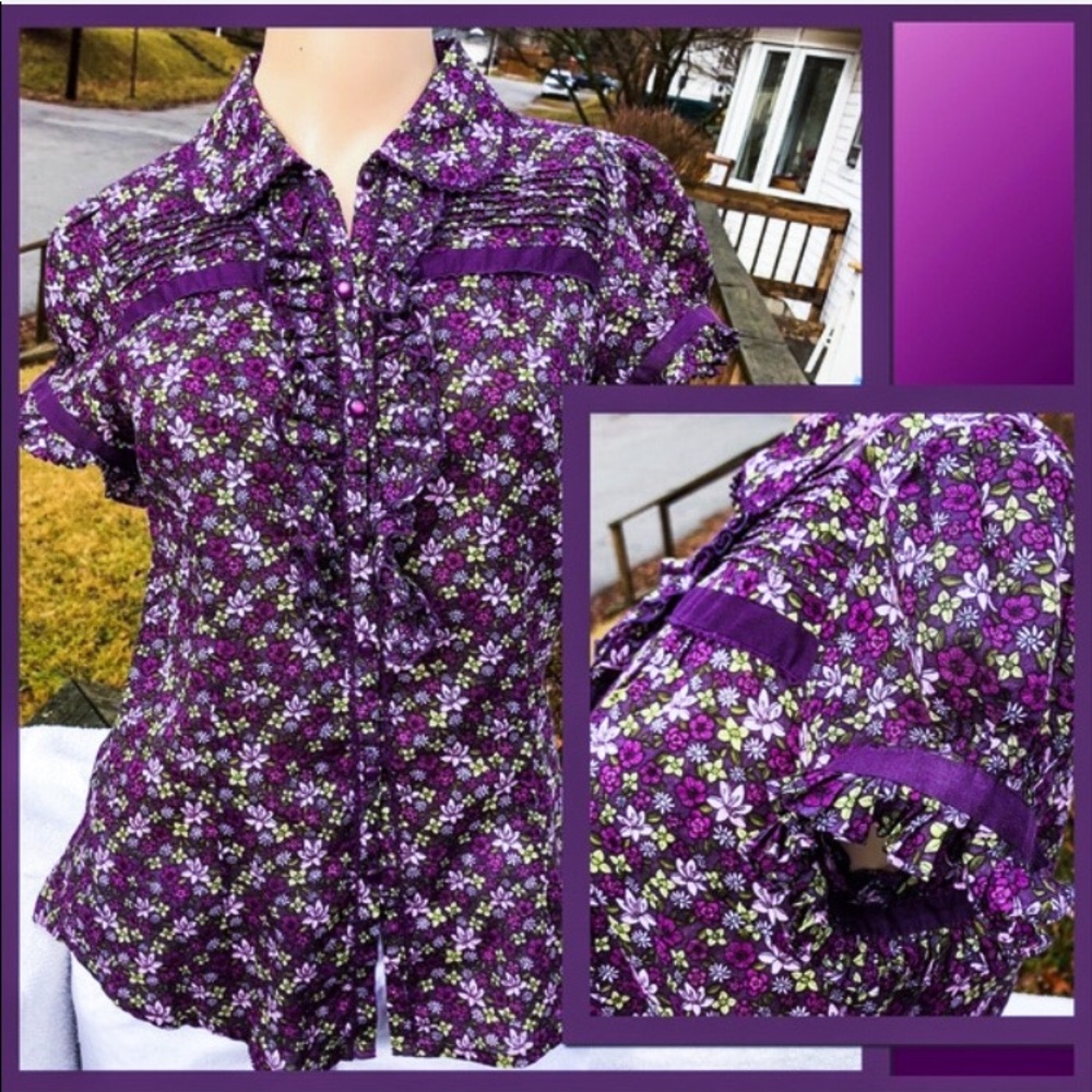 - Kensie Sz S Ruffled Purple Floral Blouse! EUC!